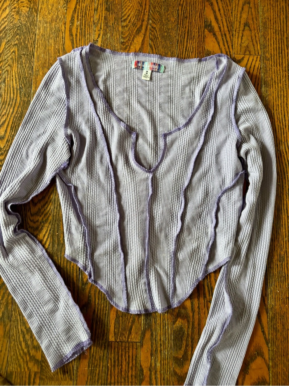 Anthropologie Lavender Ribbed Long Sleeve Top with Contrast Seams